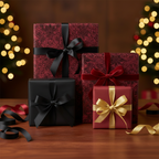 Elegant Christmas gifts wrapped in floral damask and solid paper with satin ribbon bows.