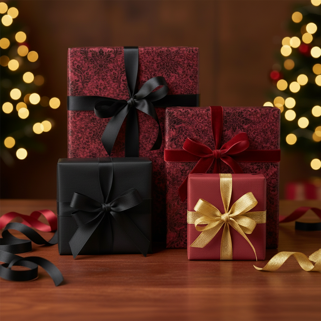 Elegant Christmas gifts wrapped in floral damask and solid paper with satin ribbon bows.