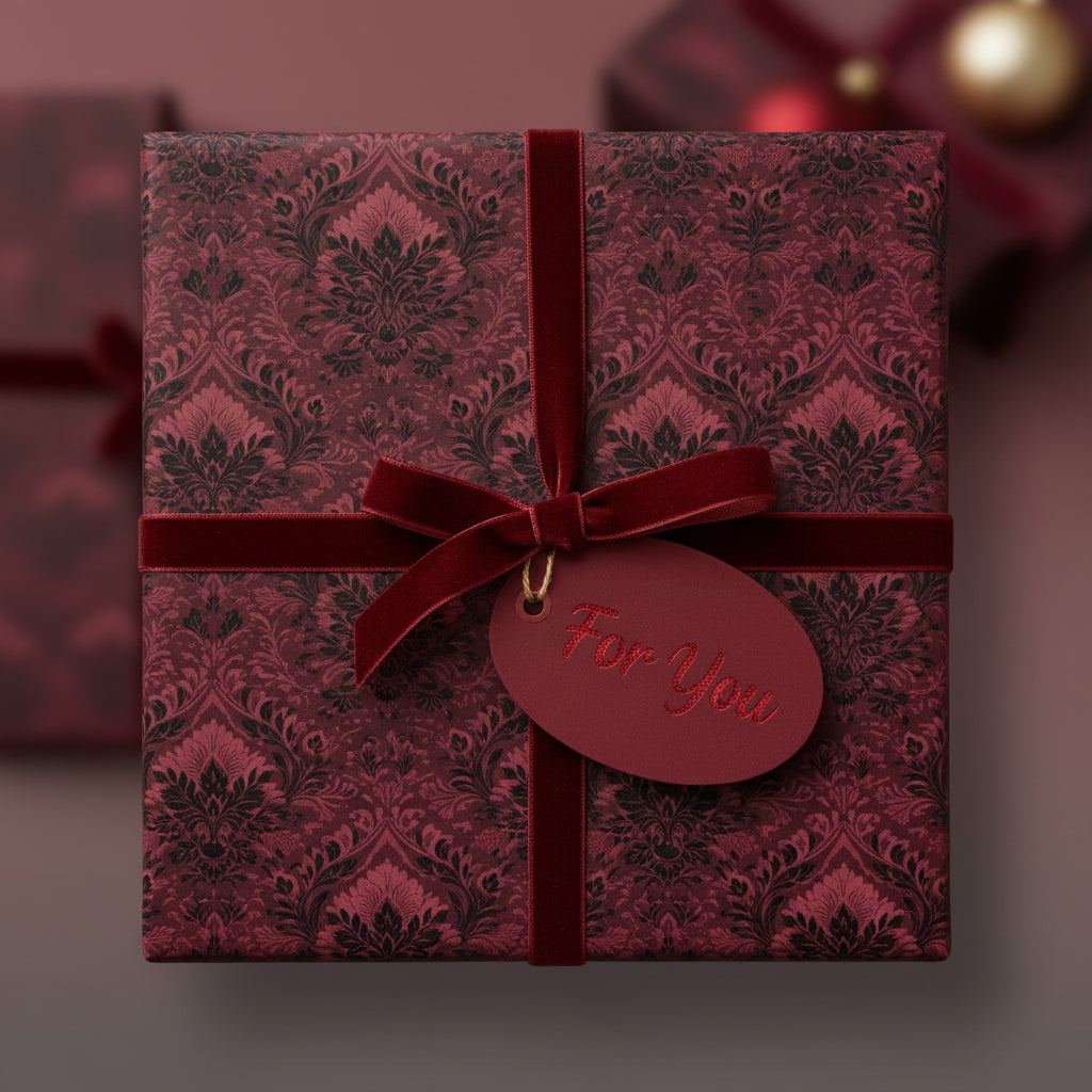 Burgundy floral wrapping paper with velvet ribbon and "For You" tag.