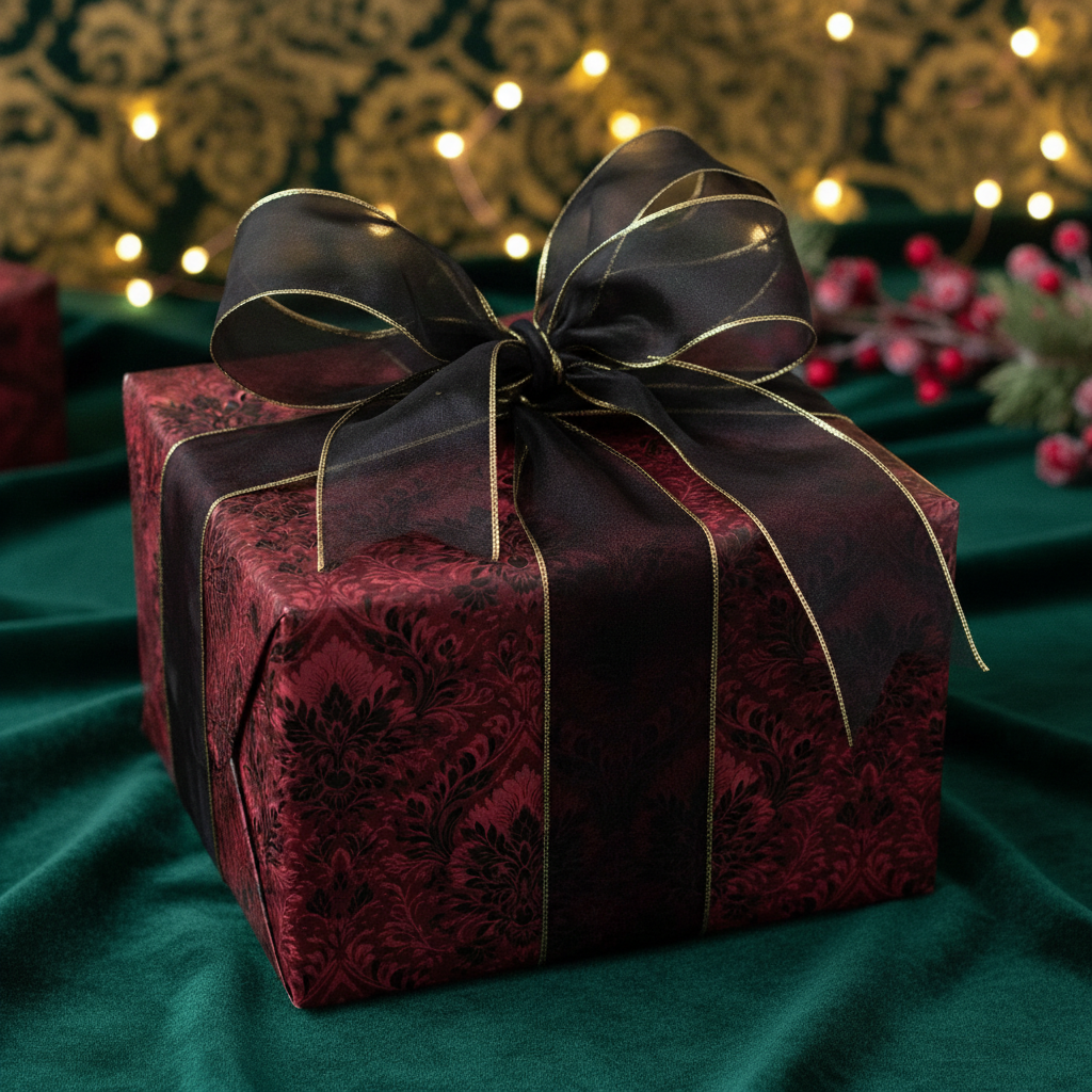 Elegant burgundy floral wrapping paper with black sheer ribbon on a square gift box.