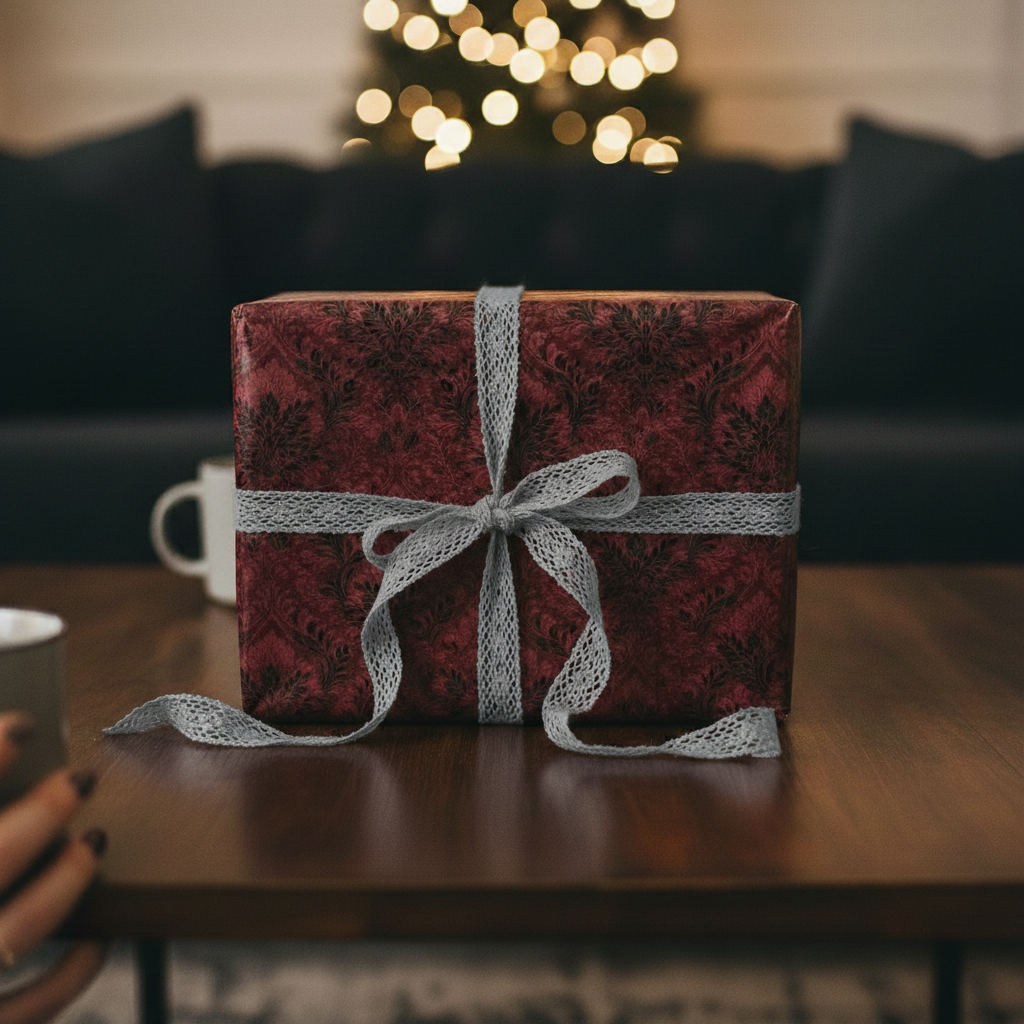 Elegant square gift wrapped in burgundy floral wrapping paper with a gray lace ribbon, Christmas tree lights in the background.