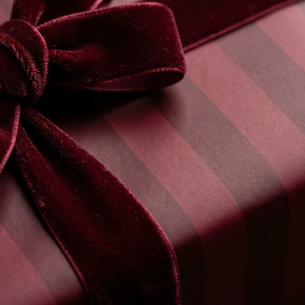 Luxury burgundy striped wrapping paper with a plush velvet bow by Wrapped Studios.