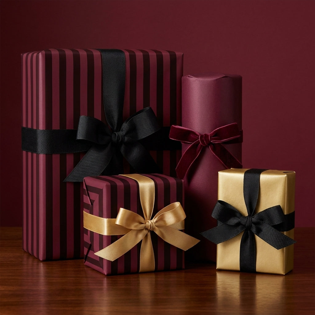 Luxury burgundy and gold Christmas wrapping paper with elegant striped patterns by Wrapped Studios.