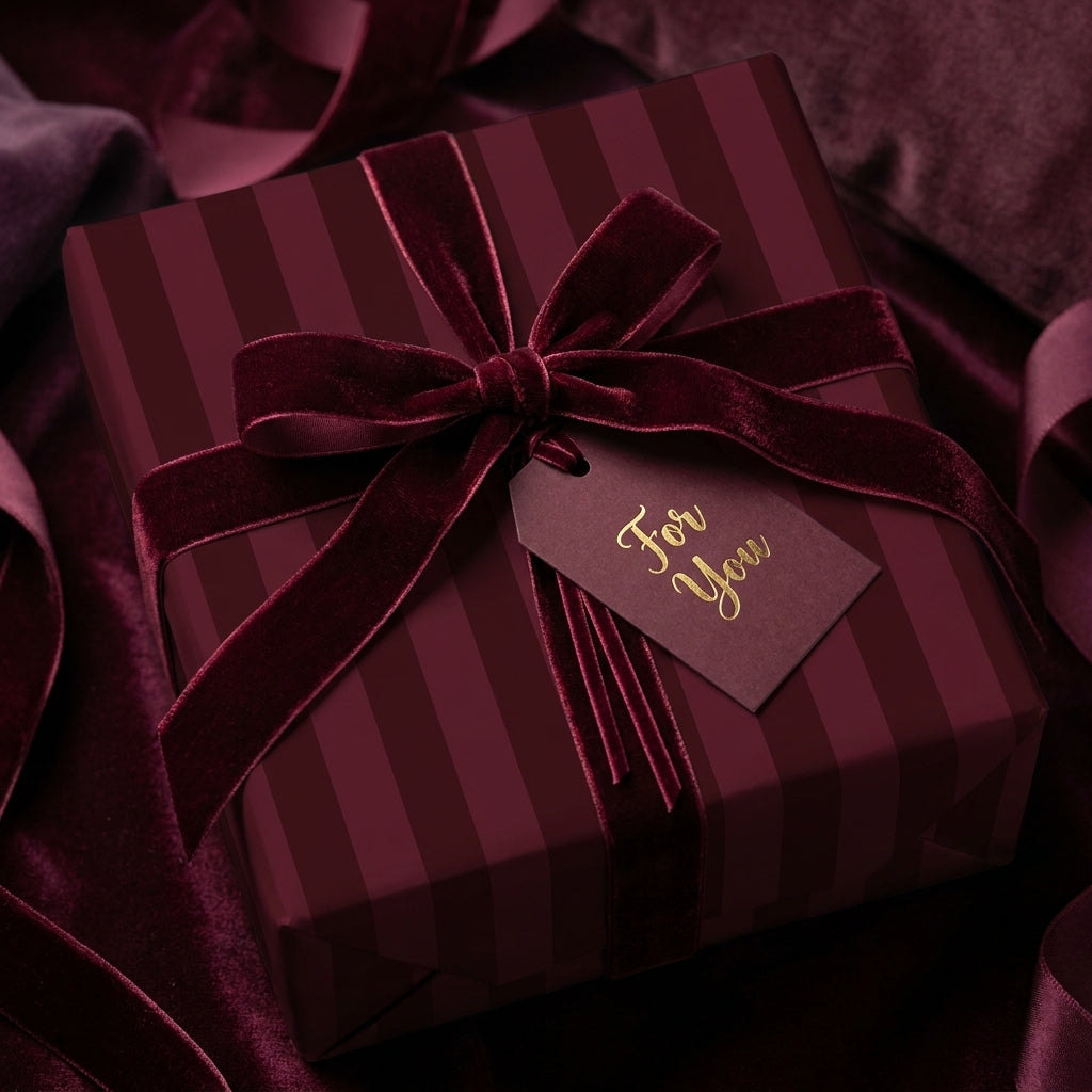 Luxury burgundy striped wrapping paper with a velvet ribbon and gift tag by Wrapped Studios.