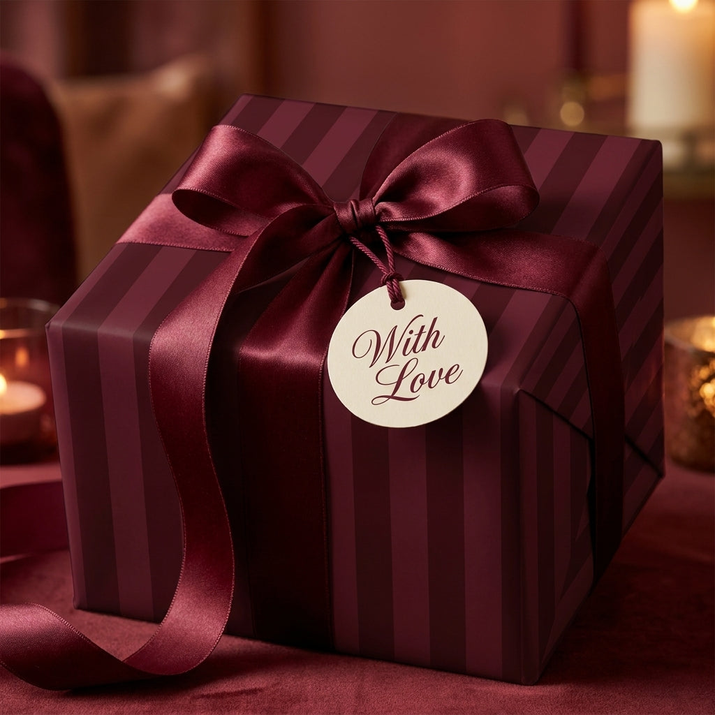 Luxury burgundy striped wrapping paper with satin ribbon and 'With Love' tag by Wrapped Studios.