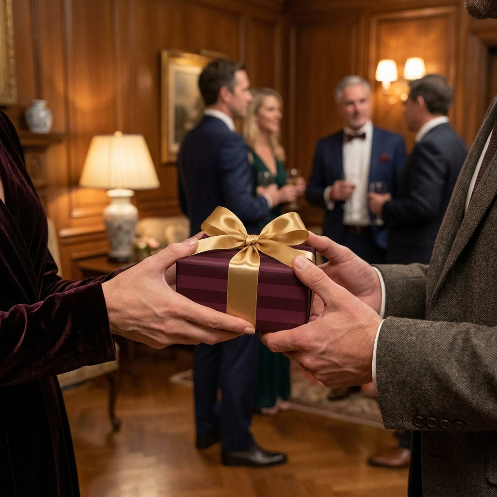 Luxury burgundy gift wrap with a gold bow being exchanged at an elegant holiday party by Wrapped Studios.