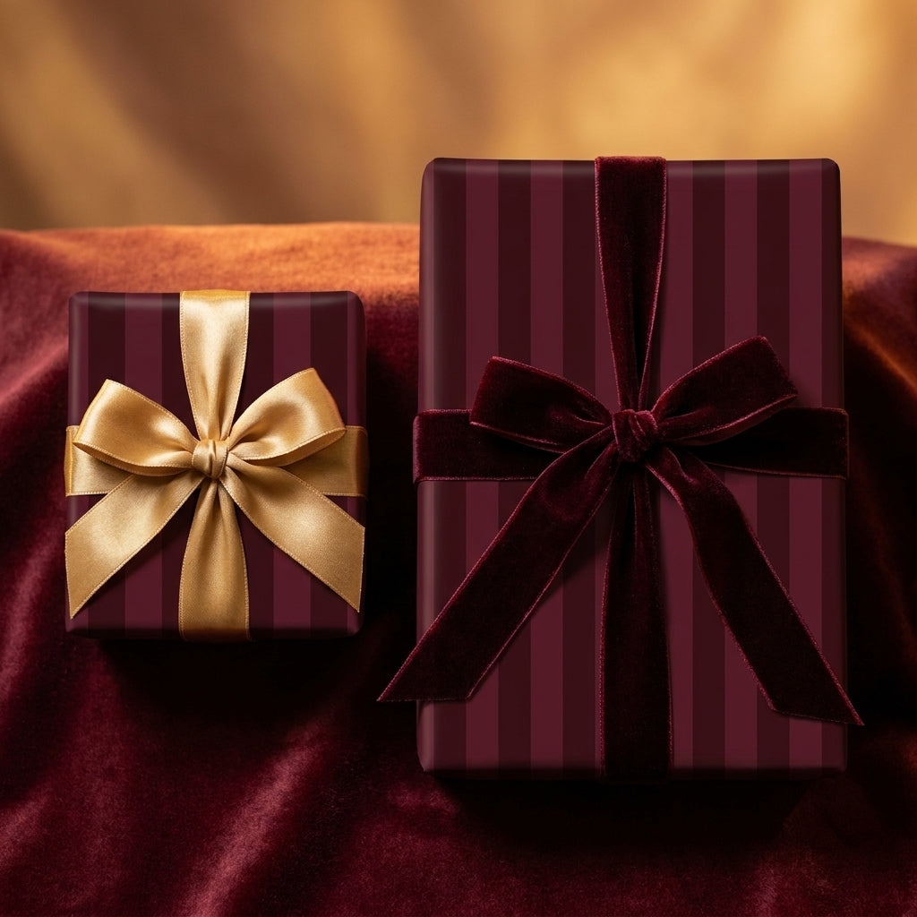 Luxury burgundy striped wrapping paper on holiday gift boxes with gold and velvet bows by Wrapped Studios.