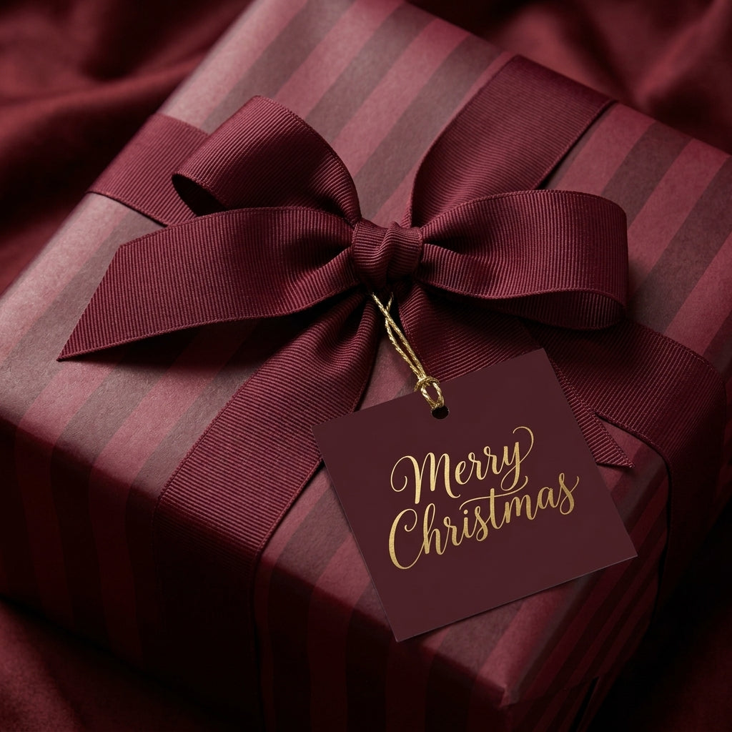 Luxury burgundy striped Christmas gift wrap with matching ribbon bow and tag by Wrapped Studios.