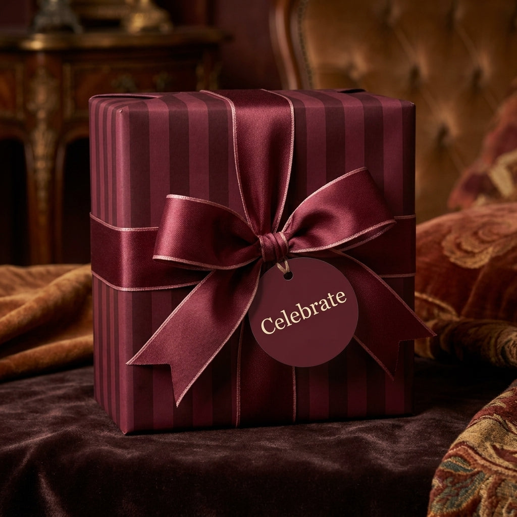 Burgundy striped luxury gift wrap by Wrapped Studios, featuring a matching satin bow and 'Celebrate' tag.