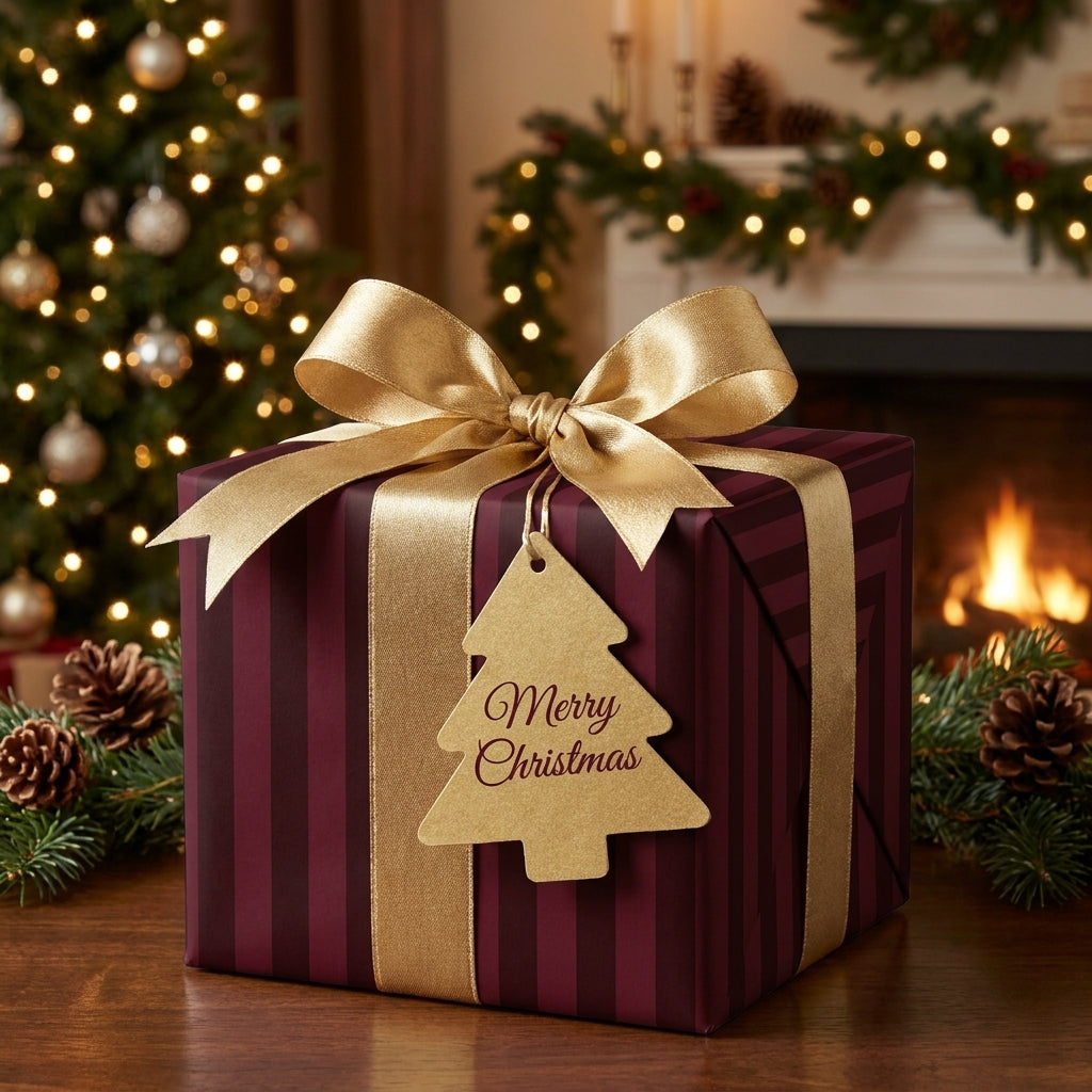 Burgundy striped Christmas wrapping paper with a luxury gold bow by Wrapped Studios.