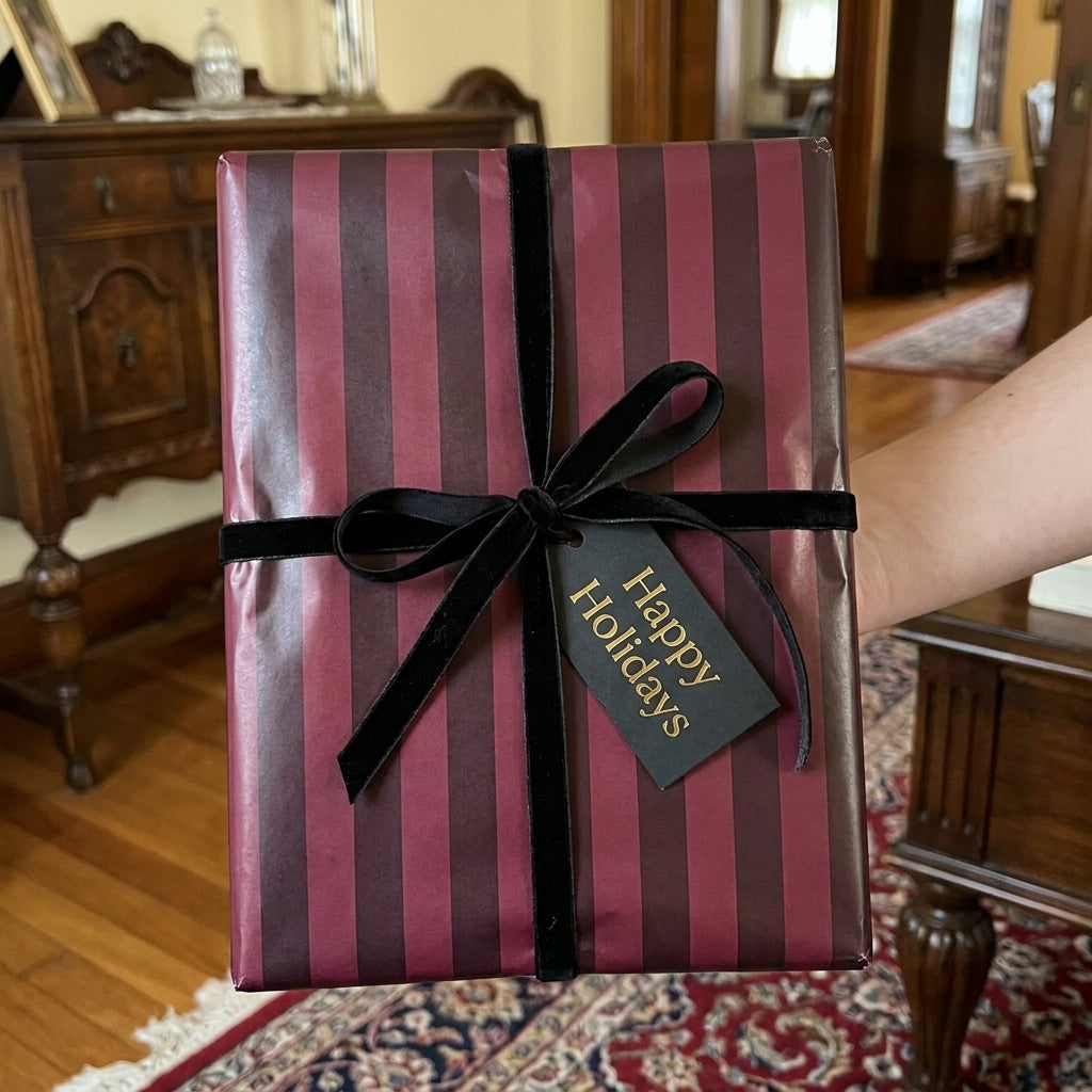 Luxury burgundy striped holiday wrapping paper with black velvet bow and tag by Wrapped Studios.