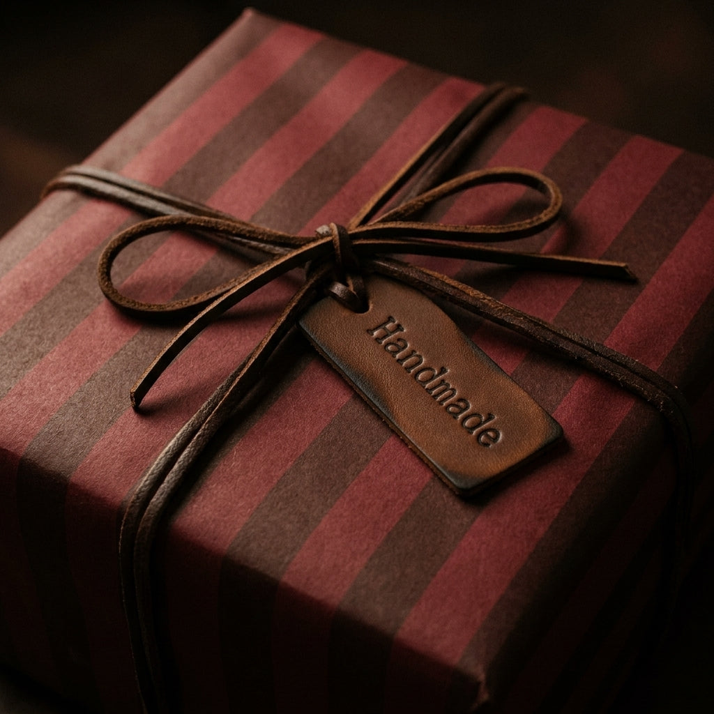 Luxury burgundy and brown striped wrapping paper with a leather bow and tag from Wrapped Studios.