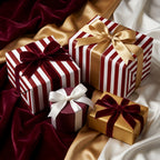 Luxury red and white striped Christmas wrapping paper with elegant bows by Wrapped Studios.
