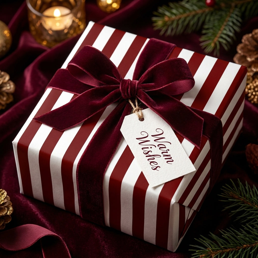 Luxury red and white striped Christmas wrapping paper with a velvet bow, by Wrapped Studios.