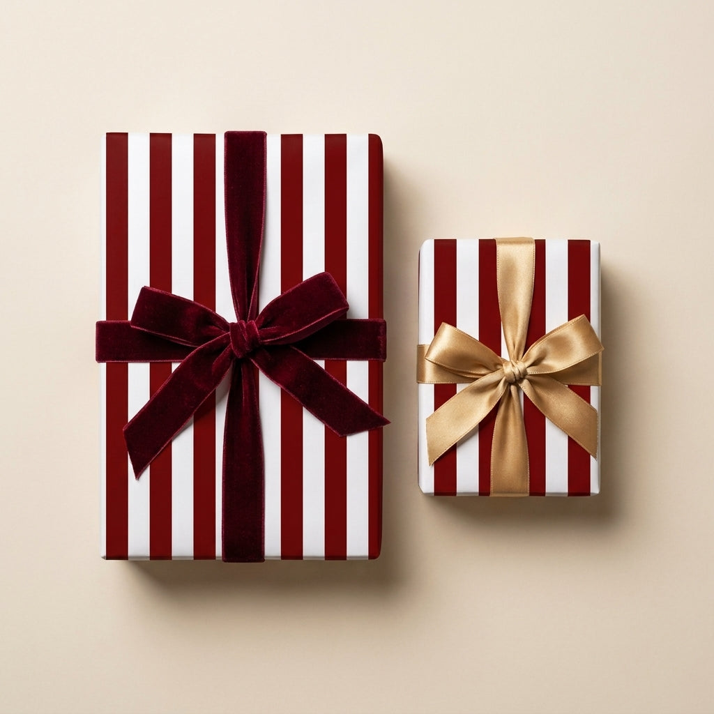 Red striped Christmas gift wrap with luxury velvet and gold bows by Wrapped Studios.