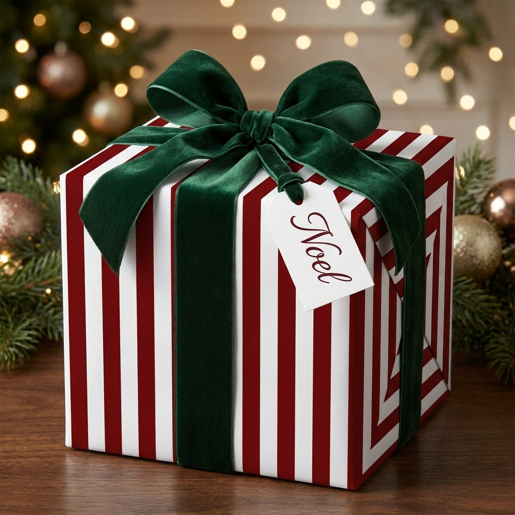 Red striped Christmas wrapping paper with a green velvet bow and Noel tag by Wrapped Studios.