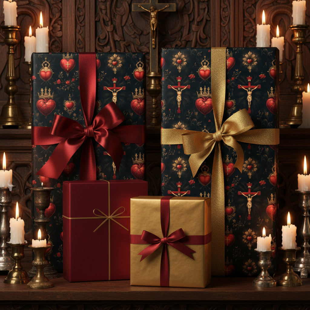 Gothic luxury gift wrap: Presents in black patterned paper with hearts, crosses, red & gold ribbons, surrounded by lit candles.