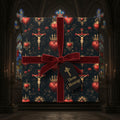 Elegant gift wrapped in religious-themed wrapping paper with a velvet ribbon and "Divine Blessings" tag.