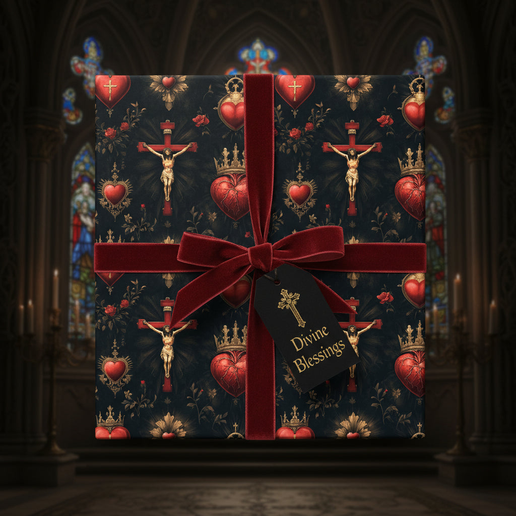 Elegant gift wrapped in religious-themed wrapping paper with a velvet ribbon and "Divine Blessings" tag.