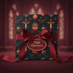 Elegant gift wrapped in dark, vintage-style paper with floral and religious iconography, tied with a burgundy ribbon and oval "With Reverence" tag.