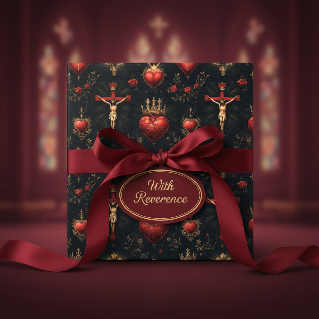 Elegant gift wrapped in dark, vintage-style paper with floral and religious iconography, tied with a burgundy ribbon and oval "With Reverence" tag.