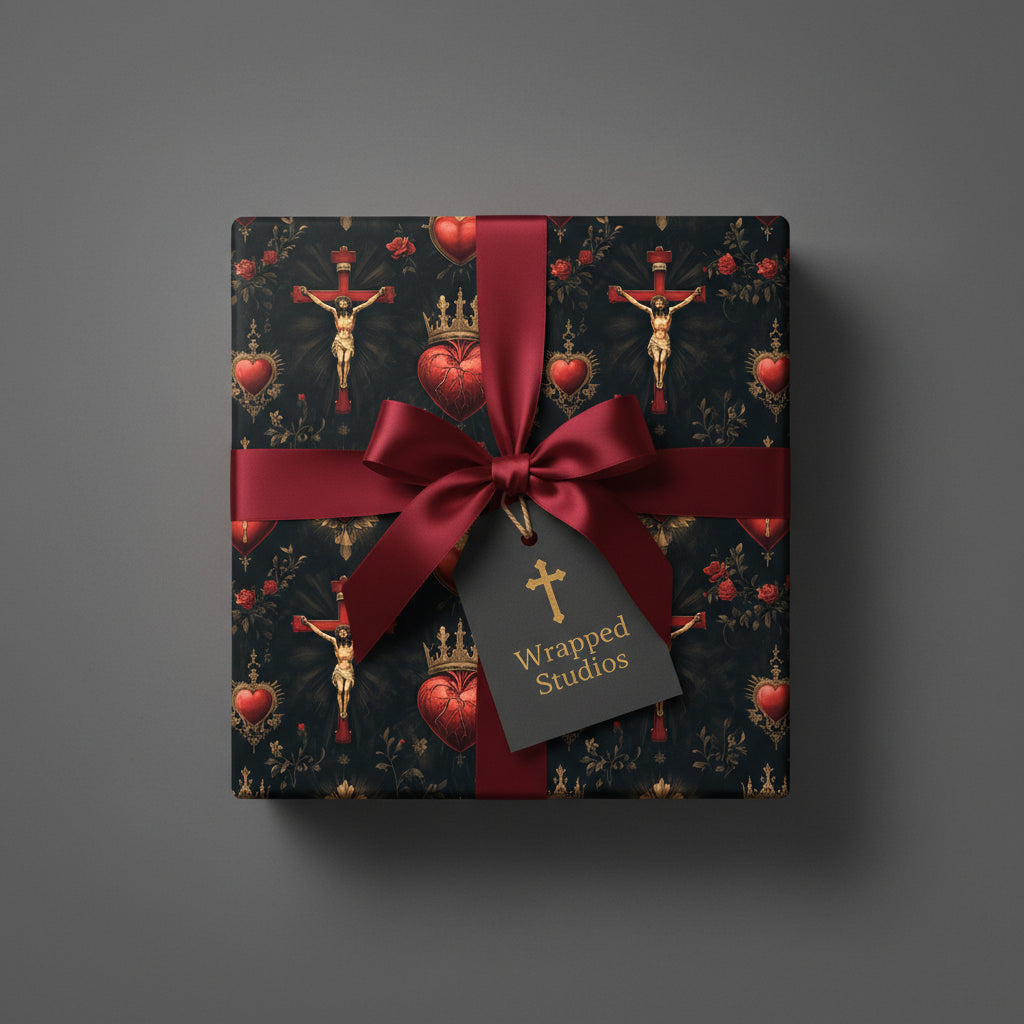 Elegant gift wrapped in artistic paper with religious imagery and a burgundy satin bow.