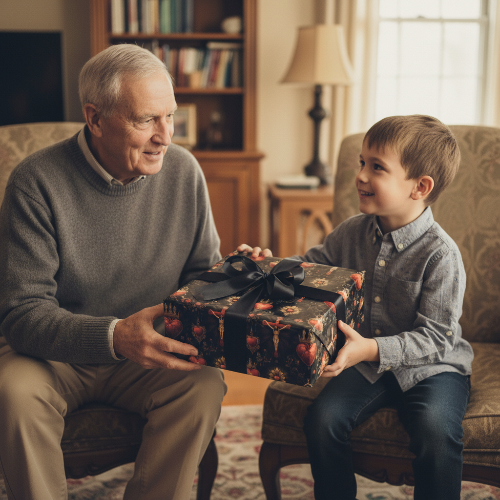 Boy gives gift wrapped in unique black heart-and-cross wrapping paper with black ribbon to grandfather.