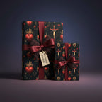 Elegant gift boxes in dark floral wrapping paper with burgundy satin ribbons and heart motif.