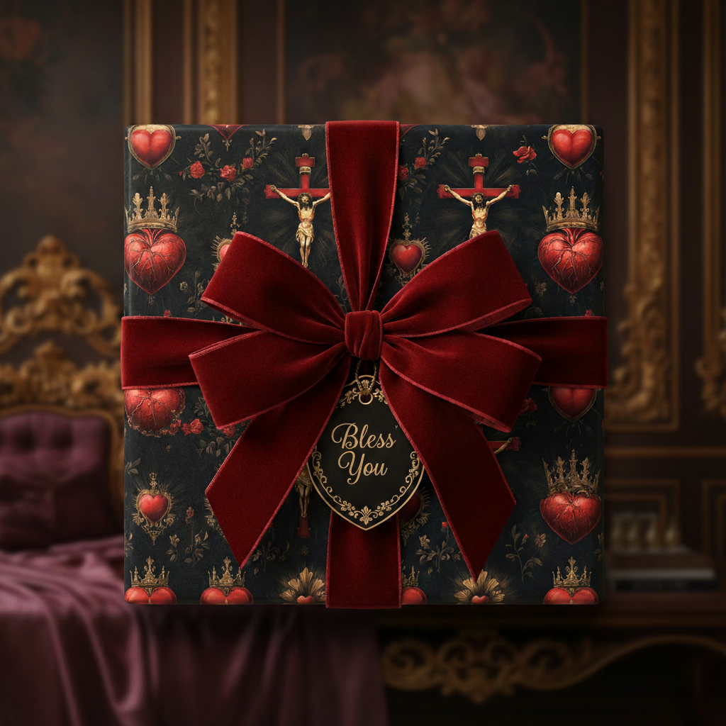 Elegant gift wrapped in sacred heart wrapping paper with a burgundy velvet ribbon and "Bless You" gift tag.