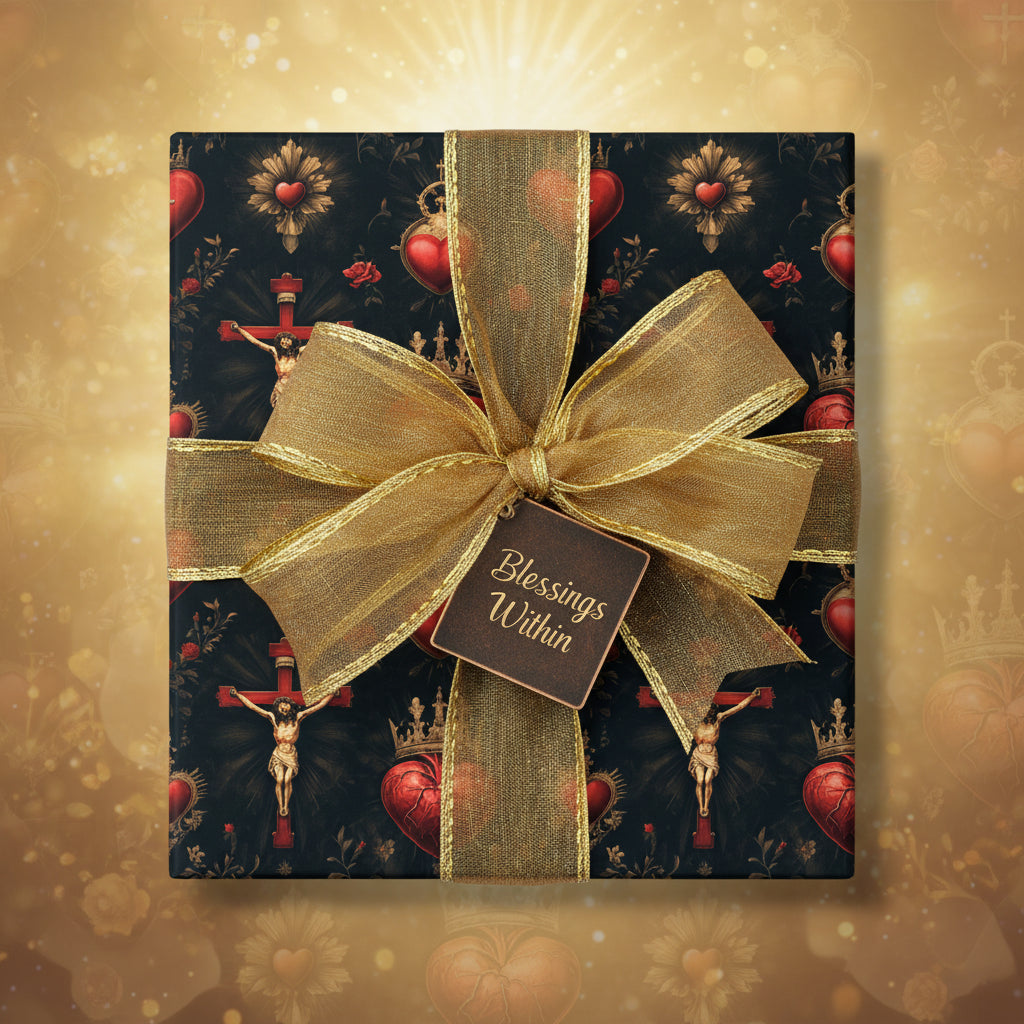 Elegant religious gift wrap featuring sacred heart, cross, and crown designs with gold ribbon bow.