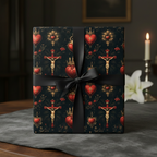 Elegant religious gift wrap with heart and crucifix pattern, tied with a black satin ribbon bow.