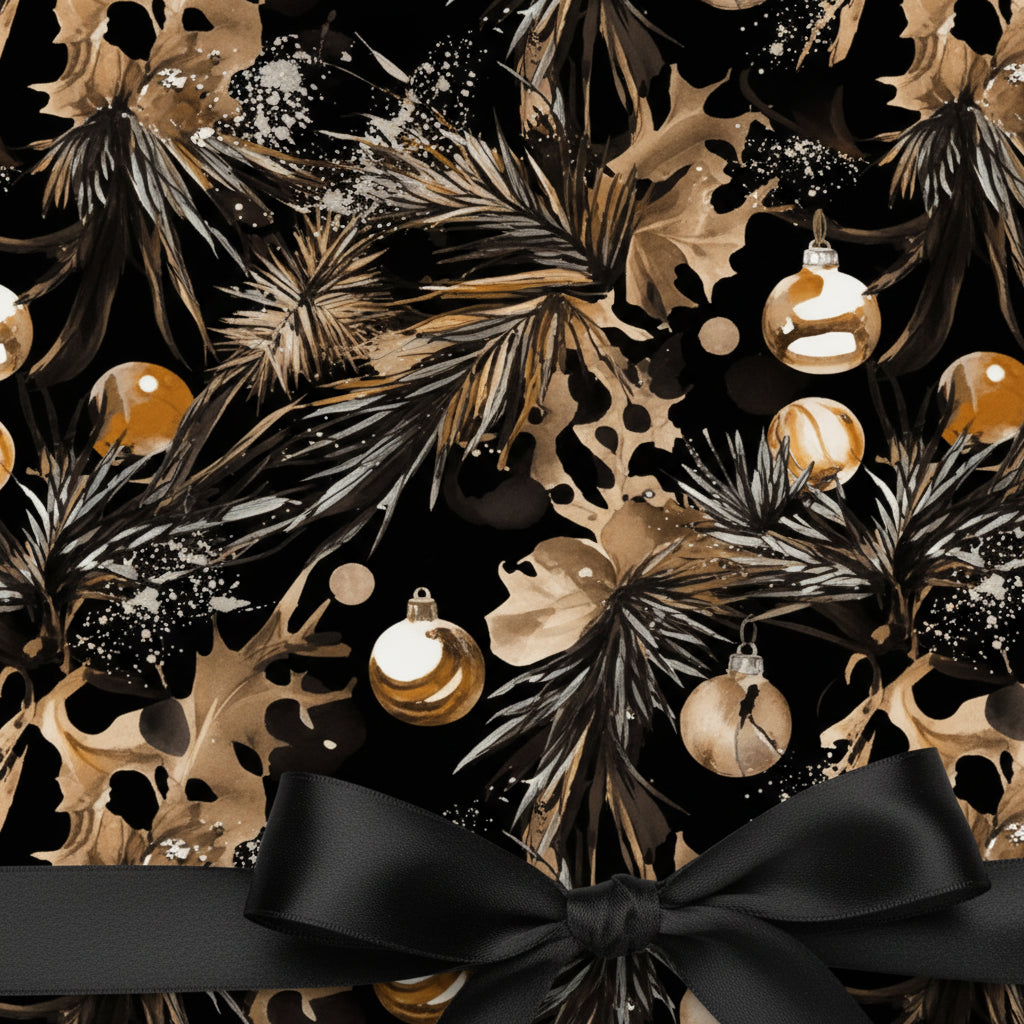 Elegant Christmas gift wrap with a black ribbon, featuring a gold ornament and leaf pattern on a black background.