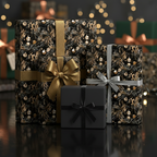 Elegant Christmas gift wrap with a dark floral pattern, gold and silver ribbons against a bokeh background.