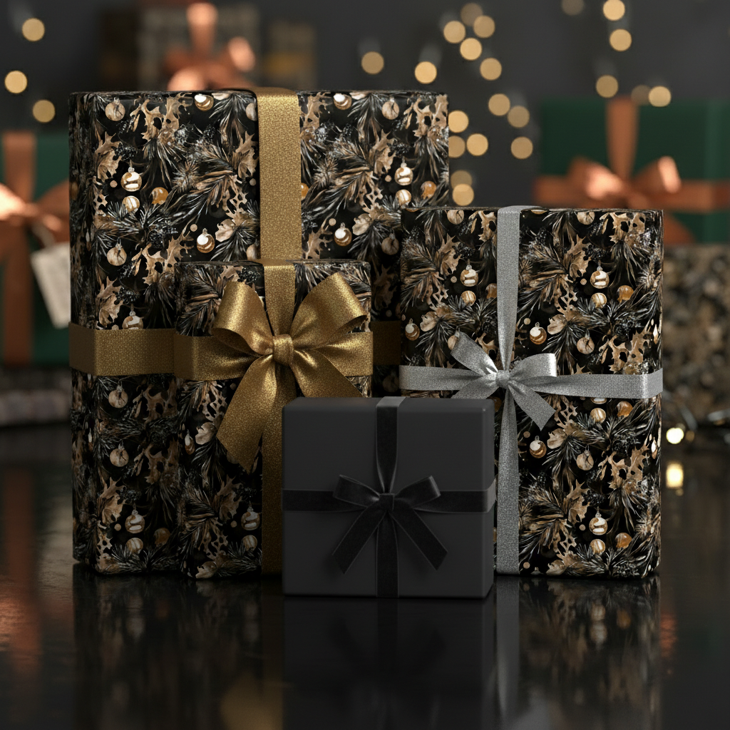 Elegant Christmas gift wrap with a dark floral pattern, gold and silver ribbons against a bokeh background.