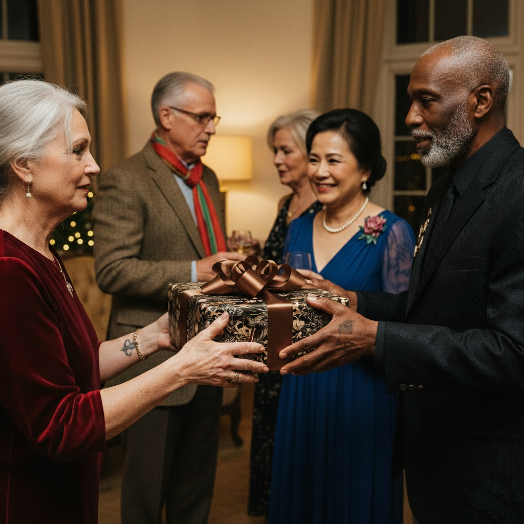 Elegant gift exchange with botanical wrapping paper, gold ribbon, and celebrating friends.