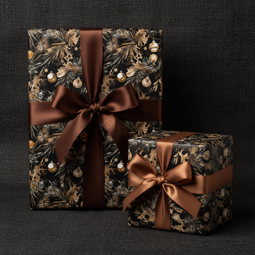 Two gifts wrapped in floral Christmas wrapping paper with brown satin ribbon.