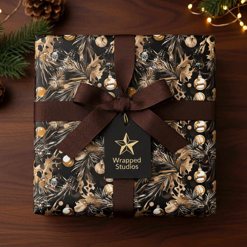 Elegant Christmas gift wrap with gold ornament and pine bough pattern, brown ribbon, and tag.