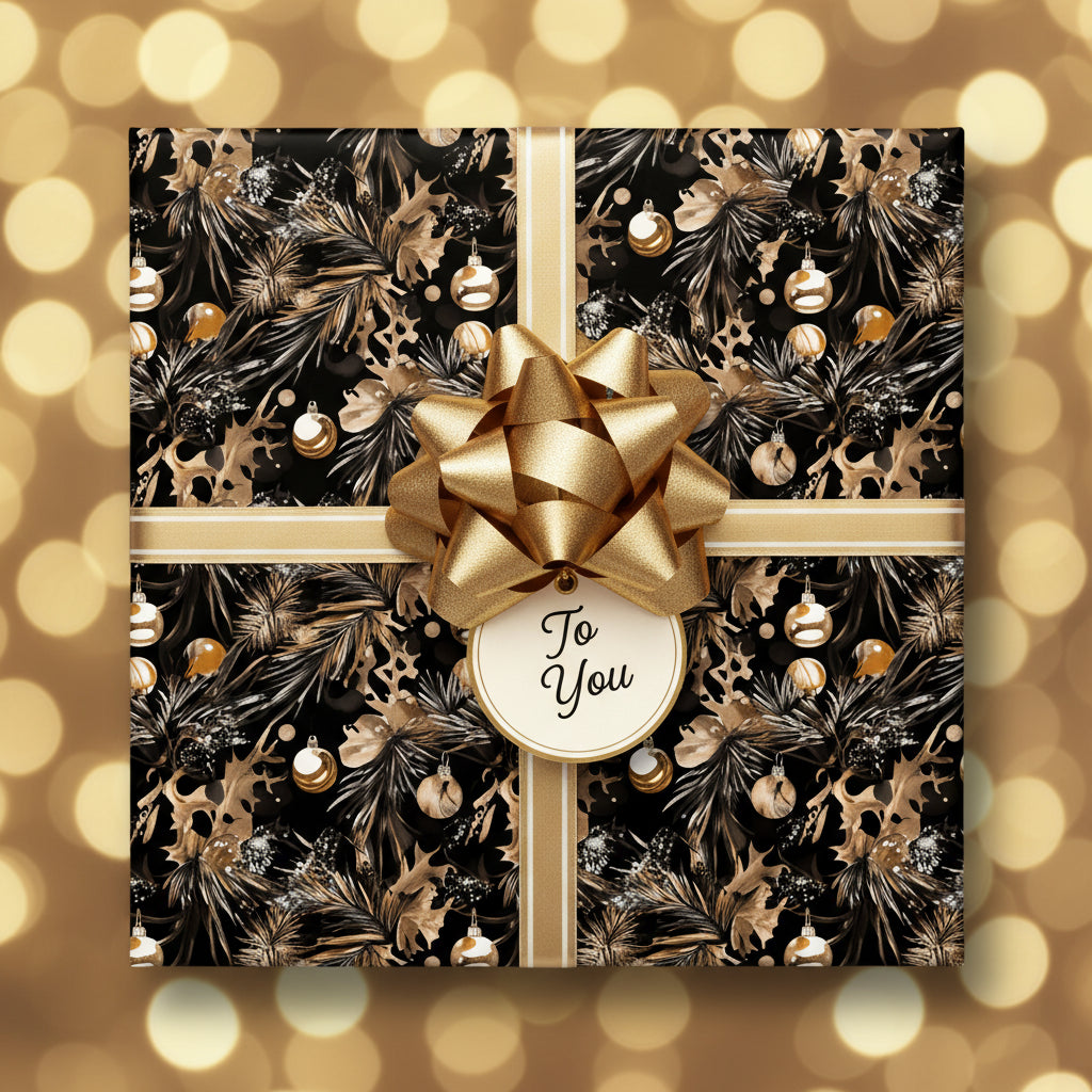 Elegant black and gold Christmas gift wrap with a metallic bow and "To You" tag.
