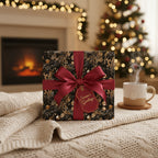 Elegant Christmas gift wrap with a red bow and "Season's Greetings" tag in a cozy holiday setting.