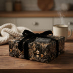 Elegant black and gold Christmas gift wrap with velvet ribbon and "Cheers" tag on wood table.