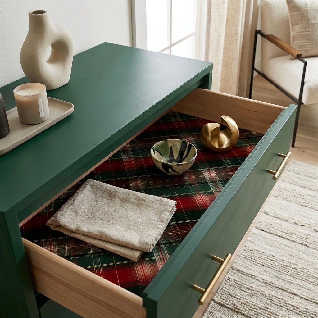 Red and green plaid wrapping paper used as a decorative drawer liner by Wrapped Studios.