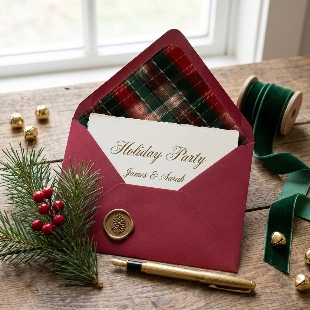 Luxury holiday party invitation in burgundy envelope with plaid liner and velvet ribbon by Wrapped Studios.