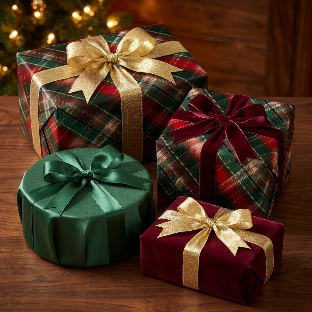 Luxury Christmas wrapping paper in green tartan plaid with gold and velvet bows by Wrapped Studios.