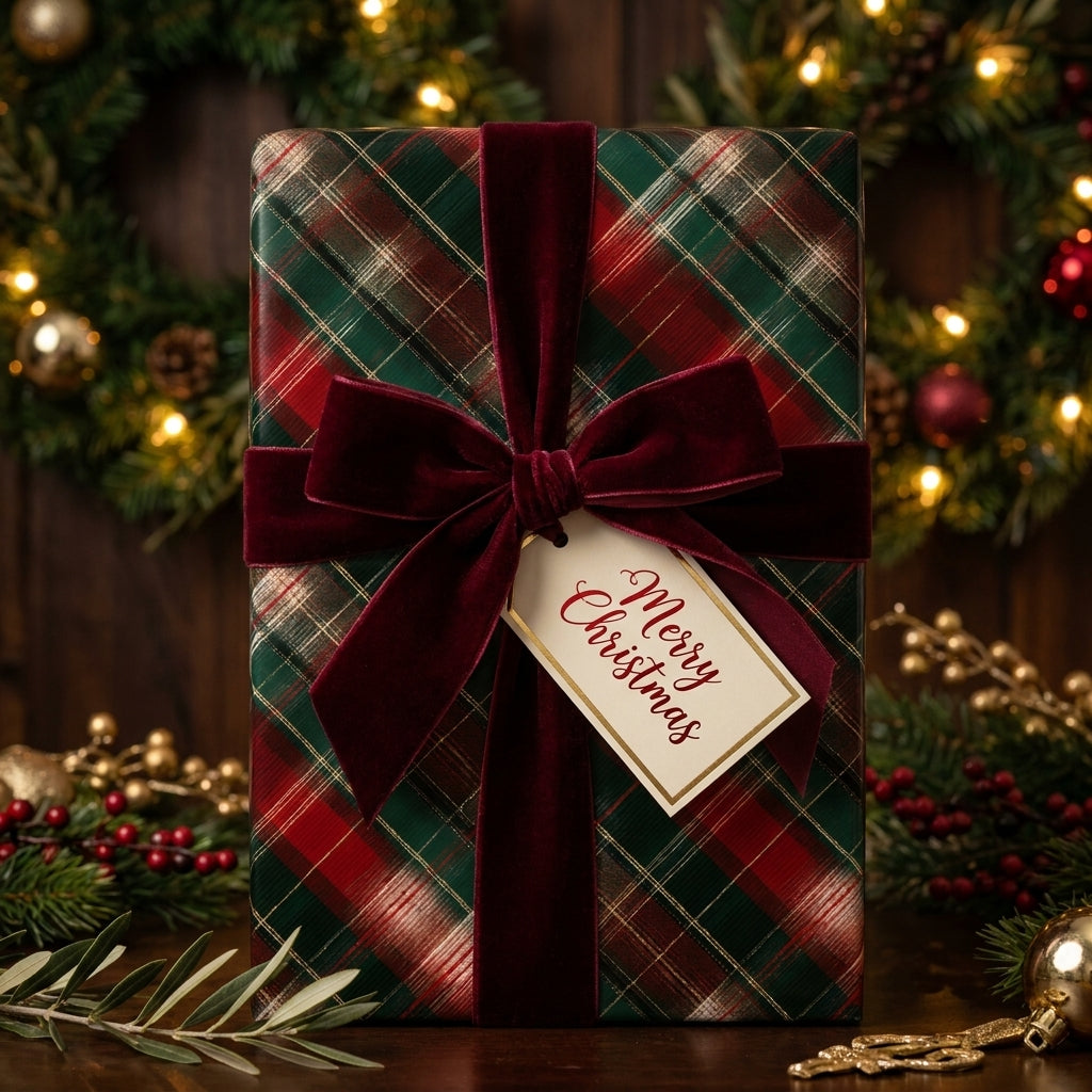 Tartan Christmas wrapping paper with a red velvet bow and holiday tag by Wrapped Studios.