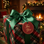 Luxury plaid Christmas wrapping paper with a green satin bow and gift tag by Wrapped Studios.