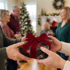 Exchanging a holiday gift in plaid Christmas wrapping paper with a red velvet bow, by Wrapped Studios.
