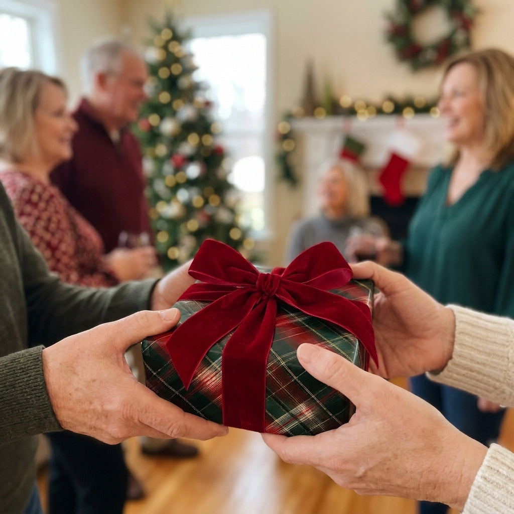 Exchanging a holiday gift in plaid Christmas wrapping paper with a red velvet bow, by Wrapped Studios.