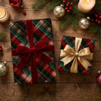 Luxury plaid Christmas wrapping paper by Wrapped Studios on holiday gifts with velvet and gold bows on wood.