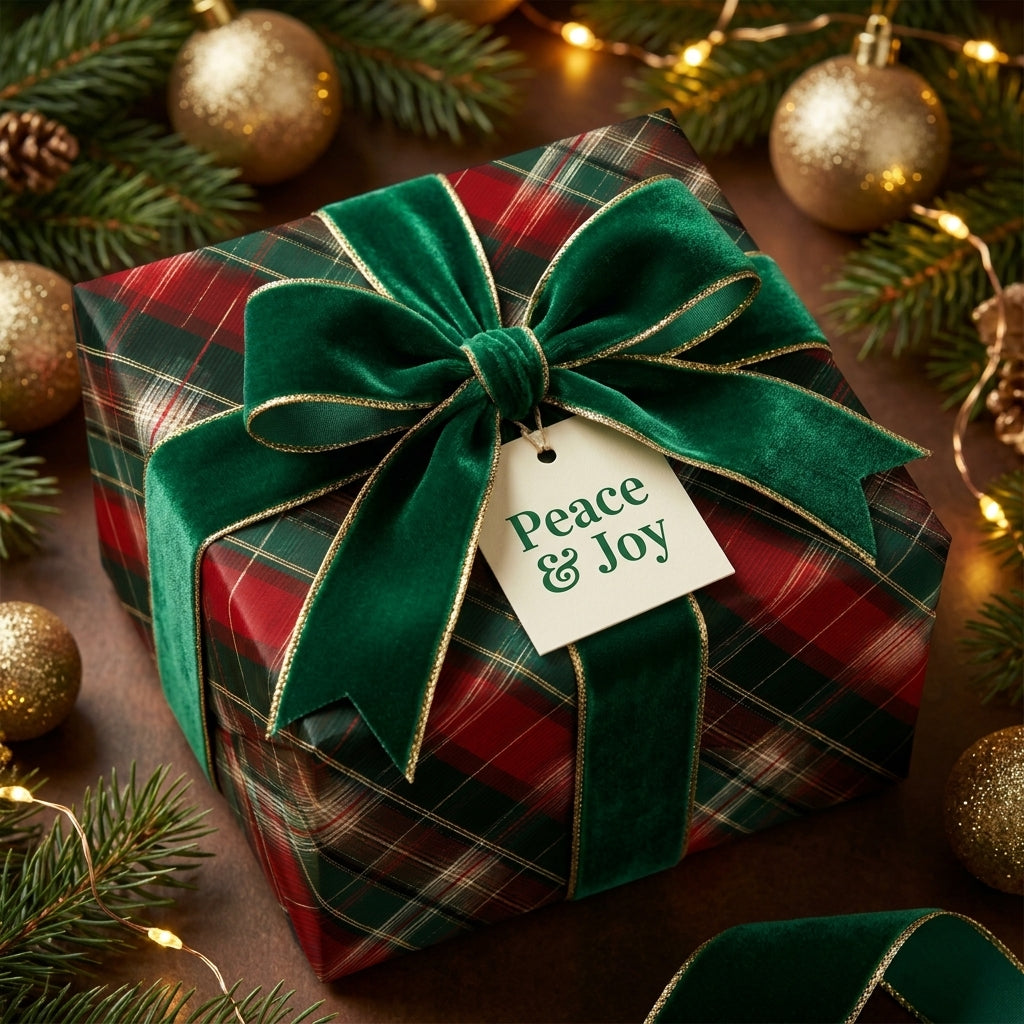 Luxury red and green plaid Christmas wrapping paper with velvet bow, by Wrapped Studios.