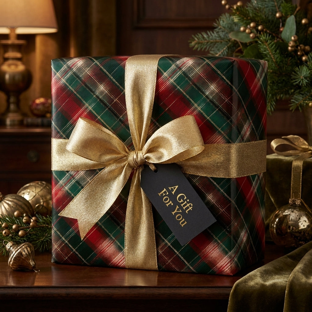 Luxury red and green plaid Christmas wrapping paper with a gold ribbon and bow by Wrapped Studios.